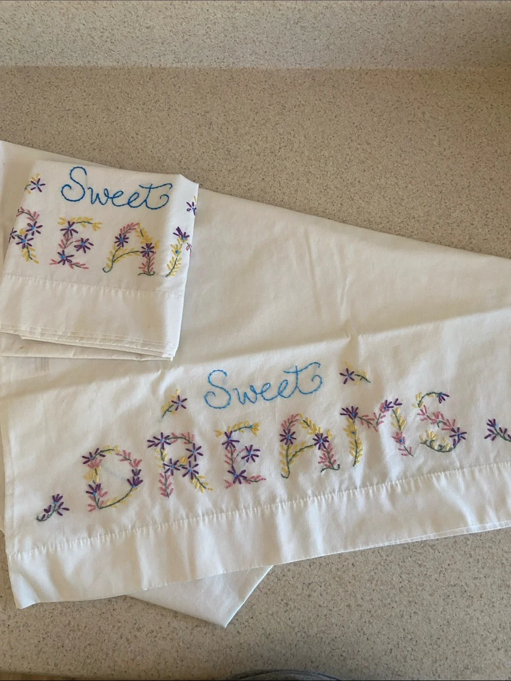 Vintage Hand Embroidered Sweet Dreams Pillowcases Pair